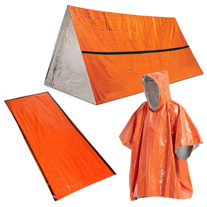 Emergency Survival Life Poncho Waterproof Camping Gear Outdoor Blanket Reusable Thermal Poncho Raincoat with Sleeping Bag