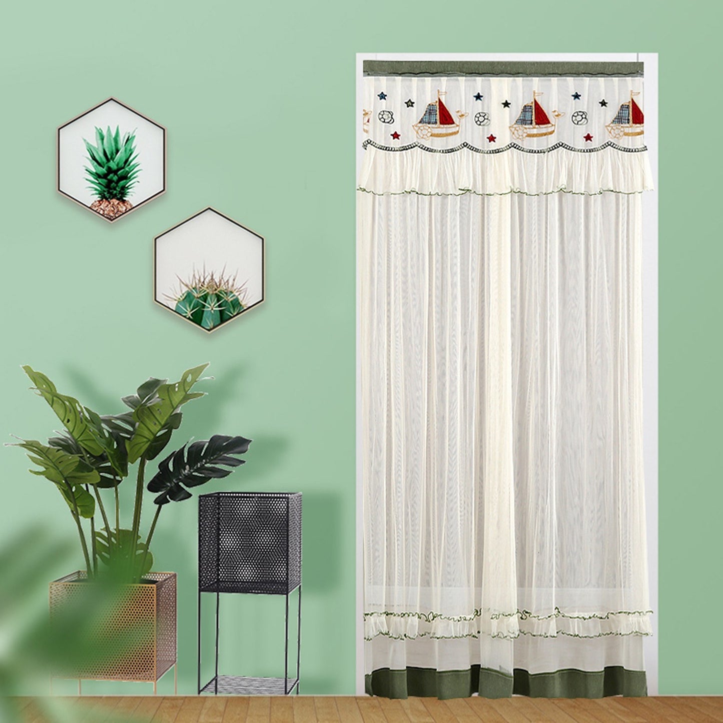 Embroidery Semi Sheer Curtain Double Layer Anti-mosquito Window Curtain for Kitchen Bedroom and Living Room