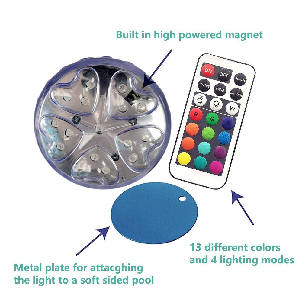 2Pcs Submersible LED Pool Light with IR Remote Control 13 Colors Changing Waterproof Underwater Light