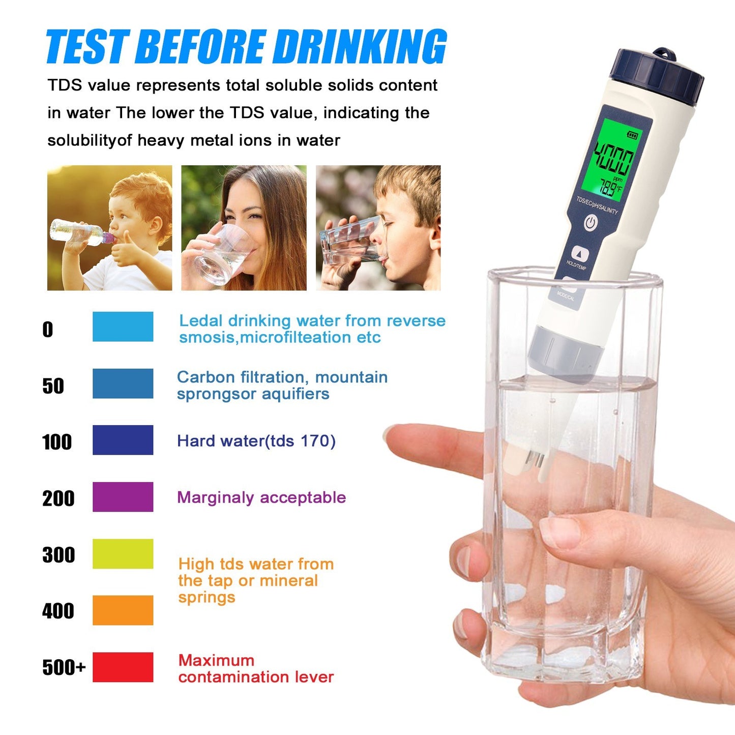 5 in 1 Professional Multi-parameter Testing Meter PH/EC/TDS/Salinity/Thermometer Digital Tester Water Quality Tester