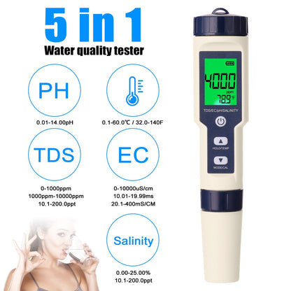 5 in 1 Professional Multi-parameter Testing Meter PH/EC/TDS/Salinity/Thermometer Digital Tester Water Quality Tester