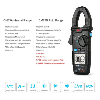 MESTEK Digital Clamp Meter 600A AC Current 600V AC/DC Voltage Capacitance Measurement Tester Multimeter Measurement Tool