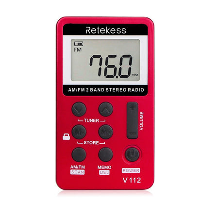 RETEKESS V-112 Portable AM/FM Stereo Radio Pocket 2 Band Digital Tuning Radio Mini Receiver Outdoor Radio with Earphone Lanyard LCD Display Screen - Red