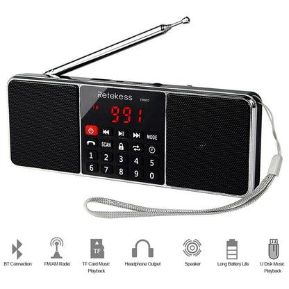 RETEKESS TR602 Portable FM / AM Radio Multiband Digital Radio Receiver Bluetooth Speakers MP3 Player Earphone Output AUX IN Support TF Card U-Drive Reading