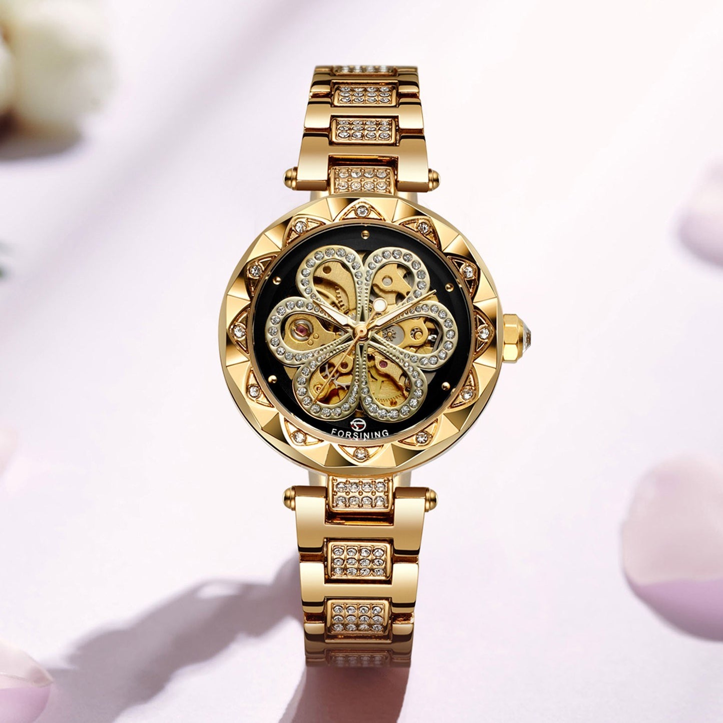 FORSINING Women&#39;s Watch Automatic Mechanical Watches with Stainless Steel Strap Classic Hollow Design Luminous Display Fashion Wristwatch