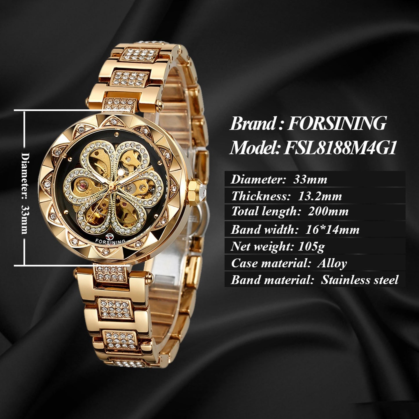 FORSINING Women&#39;s Watch Automatic Mechanical Watches with Stainless Steel Strap Classic Hollow Design Luminous Display Fashion Wristwatch