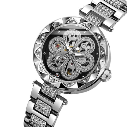 FORSINING Women&#39;s Watch Automatic Mechanical Watches with Stainless Steel Strap Classic Hollow Design Luminous Display Fashion Wristwatch