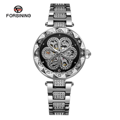 FORSINING Women&#39;s Watch Automatic Mechanical Watches with Stainless Steel Strap Classic Hollow Design Luminous Display Fashion Wristwatch