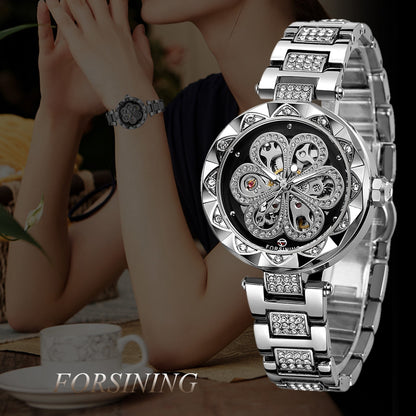 FORSINING Women&#39;s Watch Automatic Mechanical Watches with Stainless Steel Strap Classic Hollow Design Luminous Display Fashion Wristwatch