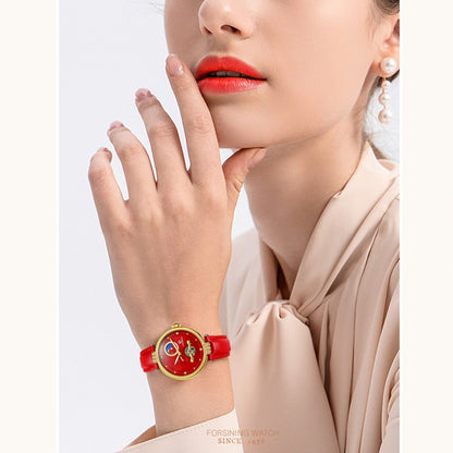 FORSINING Women&#39;s Automatic Mechanical Watch with Leather Strap Hollow-out Design Luminous Display Wristwatch for Women