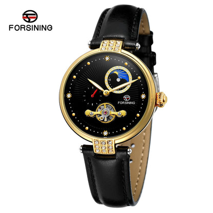 FORSINING Women&#39;s Automatic Mechanical Watch with Leather Strap Hollow-out Design Luminous Display Wristwatch for Women