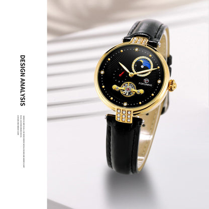 FORSINING Women&#39;s Automatic Mechanical Watch with Leather Strap Hollow-out Design Luminous Display Wristwatch for Women