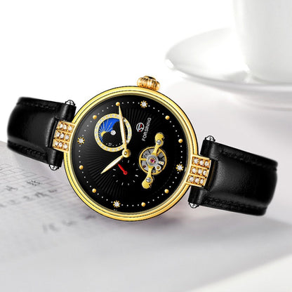 FORSINING Women&#39;s Automatic Mechanical Watch with Leather Strap Hollow-out Design Luminous Display Wristwatch for Women