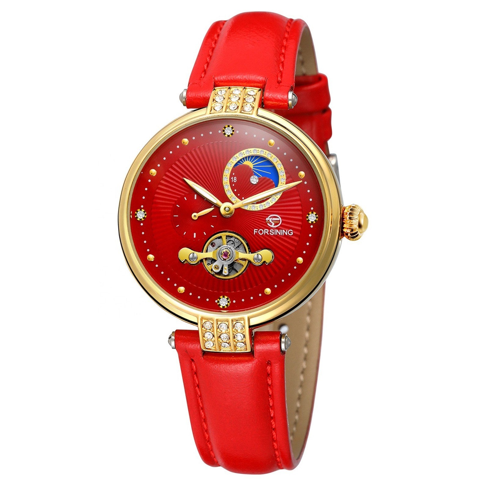 FORSINING Women&#39;s Automatic Mechanical Watch with Leather Strap Hollow-out Design Luminous Display Wristwatch for Women