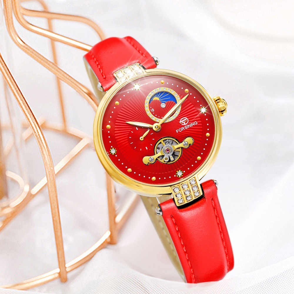 FORSINING Women&#39;s Automatic Mechanical Watch with Leather Strap Hollow-out Design Luminous Display Wristwatch for Women