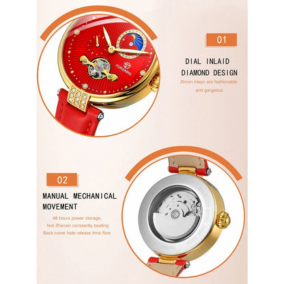 FORSINING Women&#39;s Automatic Mechanical Watch with Leather Strap Hollow-out Design Luminous Display Wristwatch for Women