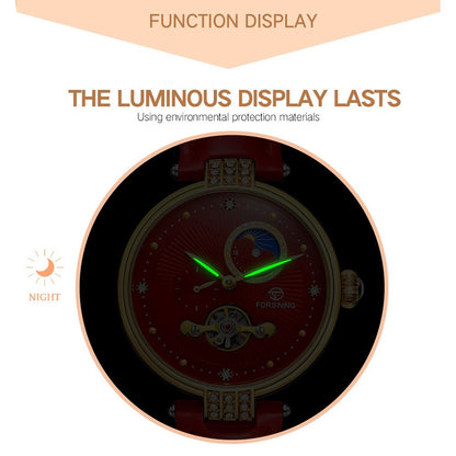 FORSINING Women&#39;s Automatic Mechanical Watch with Leather Strap Hollow-out Design Luminous Display Wristwatch for Women