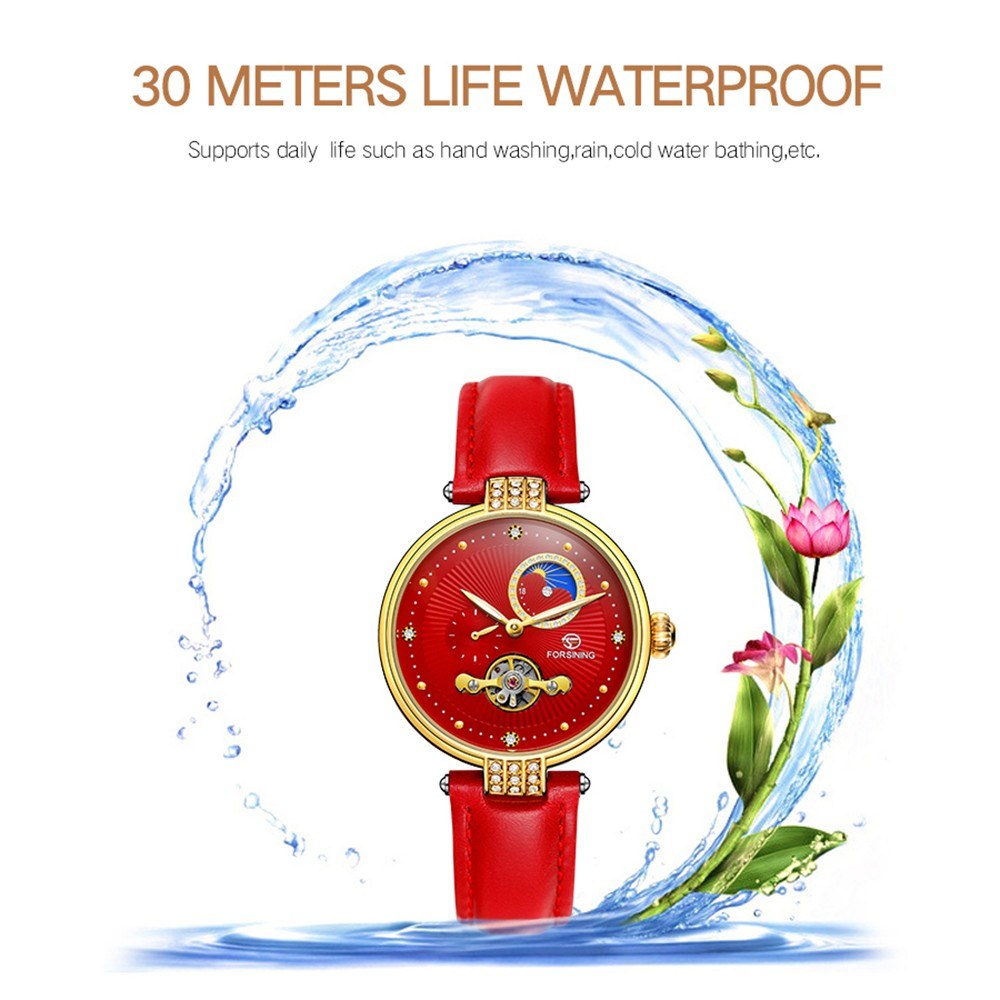 FORSINING Women&#39;s Automatic Mechanical Watch with Leather Strap Hollow-out Design Luminous Display Wristwatch for Women