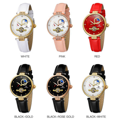 FORSINING Women&#39;s Automatic Mechanical Watch with Leather Strap Hollow-out Design Luminous Display Wristwatch for Women