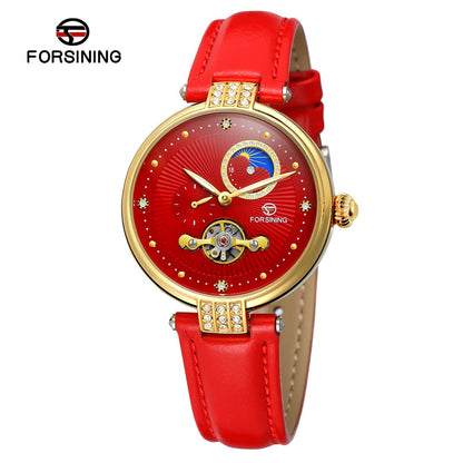 FORSINING Women&#39;s Automatic Mechanical Watch with Leather Strap Hollow-out Design Luminous Display Wristwatch for Women