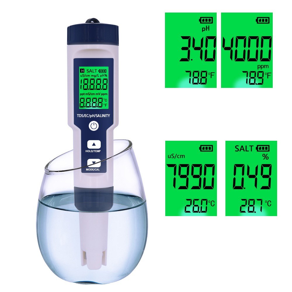 Water Quality Tester 5-in-1 Multi-Parameter Water Testing Meter IP67 Digital LCD Water Quality Monitor PH/TDS/EC/Temperature/Salinity Analyzer Detector