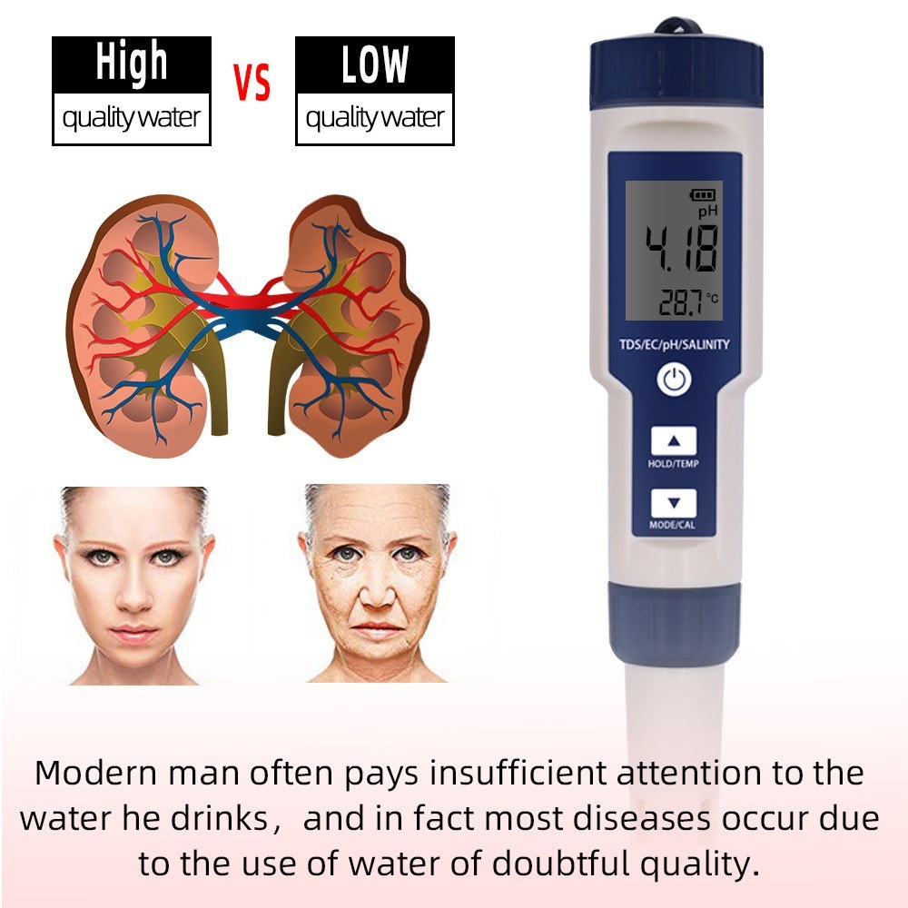 Water Quality Tester 5-in-1 Multi-Parameter Water Testing Meter IP67 Digital LCD Water Quality Monitor PH/TDS/EC/Temperature/Salinity Analyzer Detector