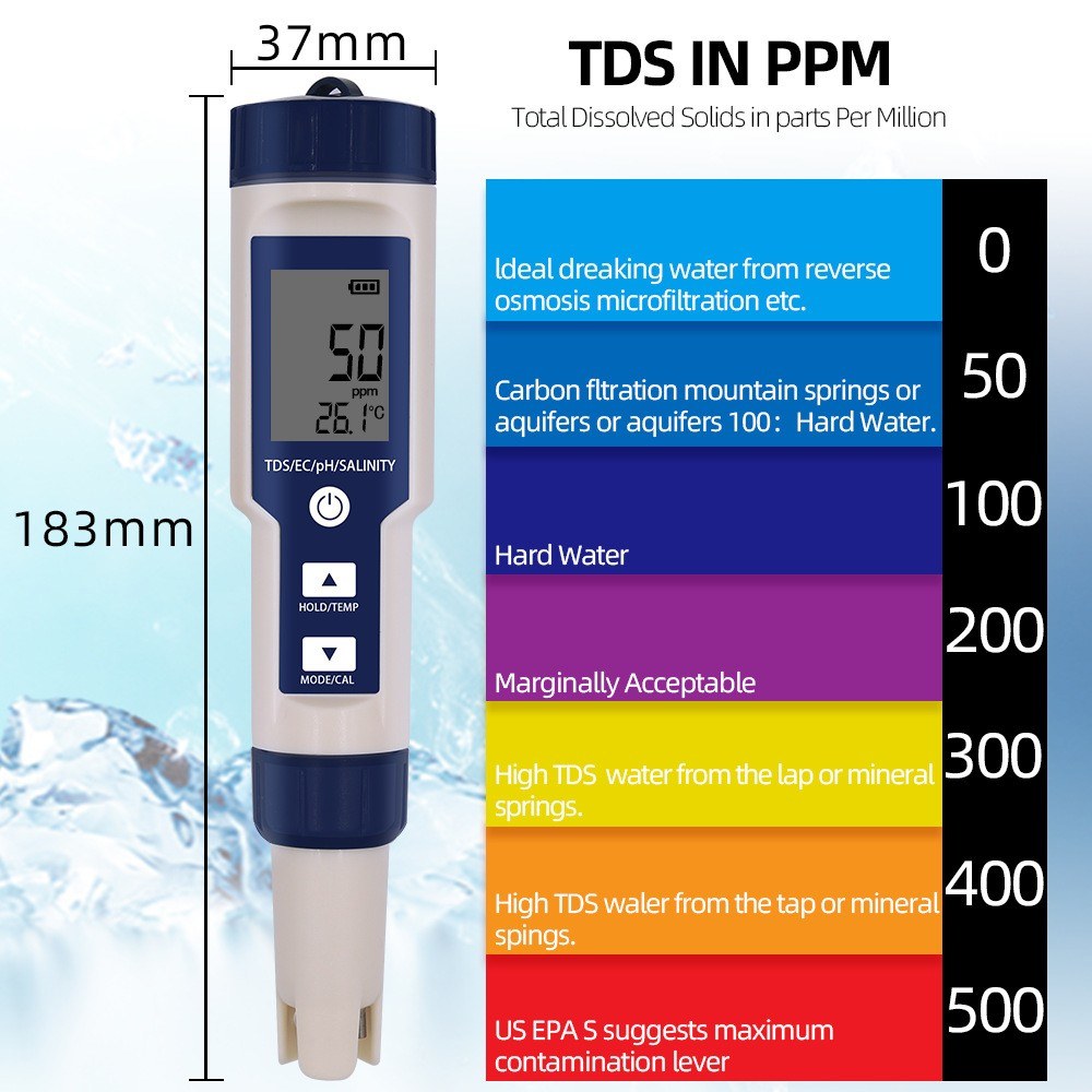 Water Quality Tester 5-in-1 Multi-Parameter Water Testing Meter IP67 Digital LCD Water Quality Monitor PH/TDS/EC/Temperature/Salinity Analyzer Detector