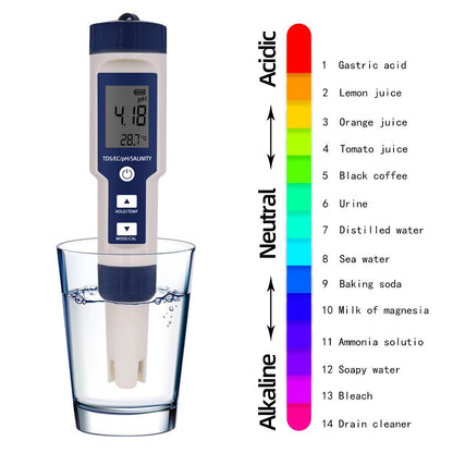 Water Quality Tester 5-in-1 Multi-Parameter Water Testing Meter IP67 Digital LCD Water Quality Monitor PH/TDS/EC/Temperature/Salinity Analyzer Detector