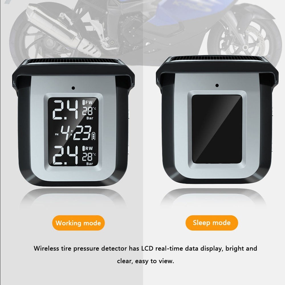 TPMS Solar Wireless Motorcycle Tire Pressure Detector IP68 Waterproof Real-time Monitor Monitoring System with 2 External Sensors