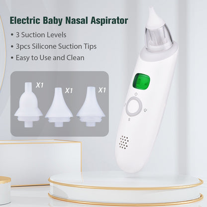 Electric Baby Nasal Aspirator Safe Low Noise Built-in Battery Automatic Nose Sucker Cleaner for Infants 3 Suction Levels with Light Soothing Music 3pcs Silicone Suction Tips