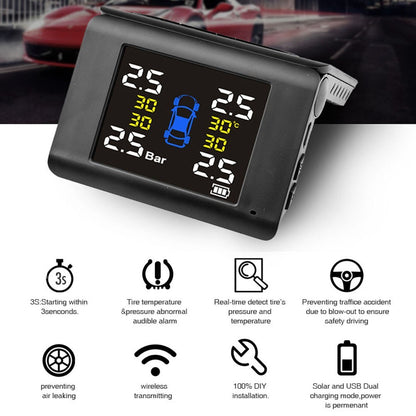 LCD High Precision Large Display Solar Wireless Tire Pressure Monitor TPMS Tire Pressure Detector Car Tyre Monitoring System with 4 Internal Sensors