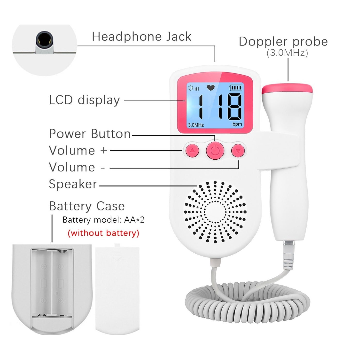 Pregnancy Handheld Baby Heartbeat Detector 3.0MHz Portable Fetal Doppler for Home Noise Reduction Baby Heart Monitor