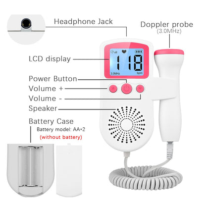 Pregnancy Handheld Baby Heartbeat Detector 3.0MHz Portable Fetal Doppler for Home Noise Reduction Baby Heart Monitor