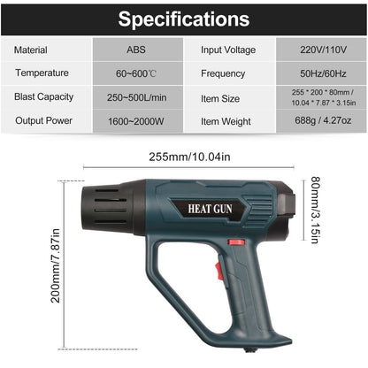 Hot Air Blower 2000W High Power Electronic Digital Display Hot Air Heat Gun Handheld Air Heater for Handicrafts Shrink Packaging