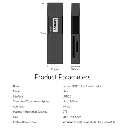 LENOVO D231 USB 3.0 Card Reader for SD+TF Dual Slot Flash Memory Card Adapter High-speed Transmission Hub