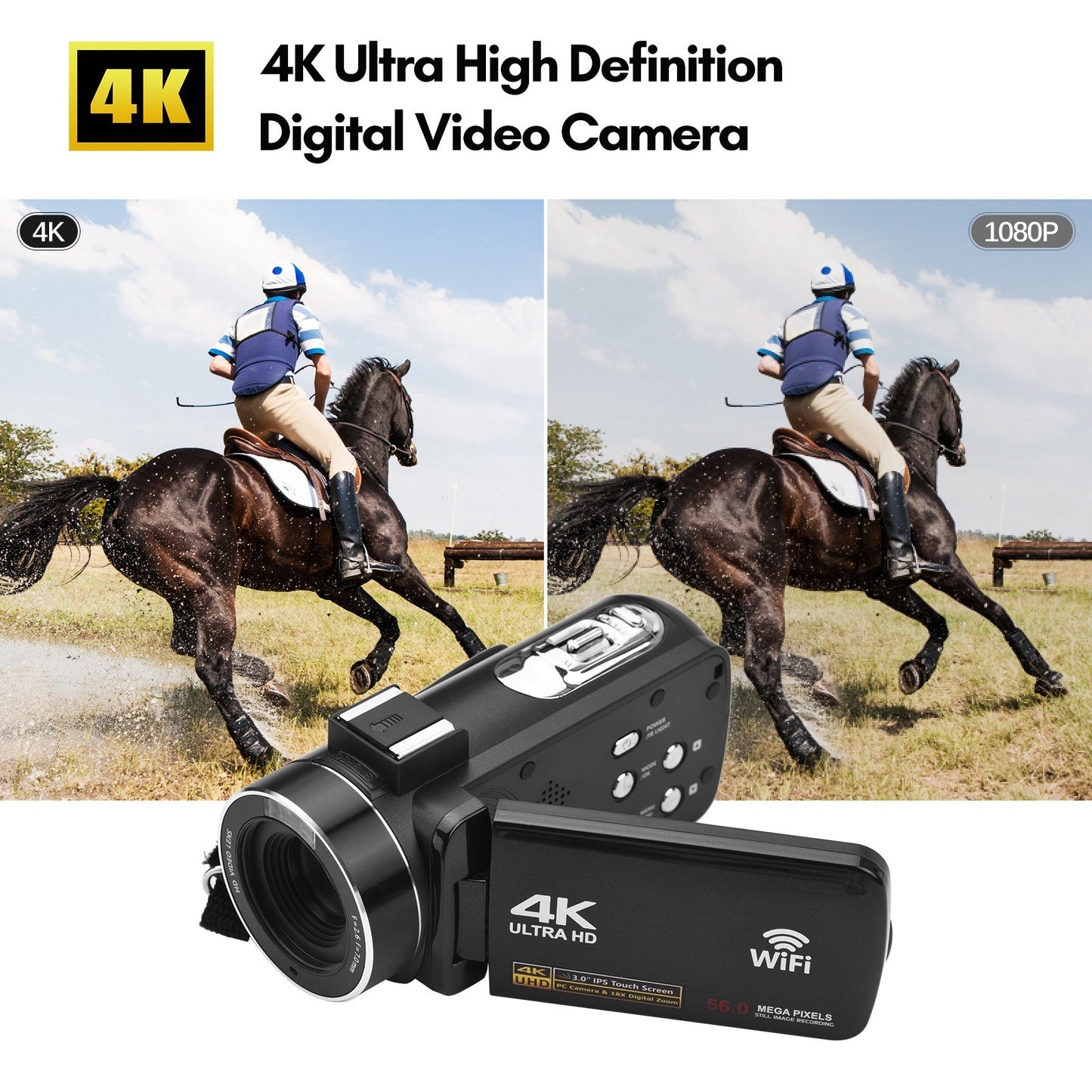 4K Digital Video Camera 3.0 Inch IPS Touch Screen WiFi Camcorder Portable DV Recorder 56MP 18X Digital Zoom Support Face Detection IR Night Vision with 2 Batteries + Remote Control + Carry Bag + External Microphone + 0.39X Wide Angle Lens