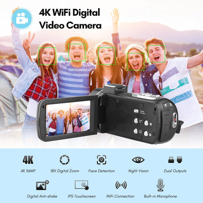 4K Digital Video Camera 3.0 Inch IPS Touch Screen WiFi Camcorder Portable DV Recorder 56MP 18X Digital Zoom Support Face Detection IR Night Vision with 2 Batteries + Remote Control + Carry Bag + External Microphone + 0.39X Wide Angle Lens