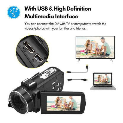 Portable 4K Digital Video Camera 3.0 Inch IPS Touch Screen WiFi Camcorder Anti-Shake DV Recorder 56MP 18X Digital Zoom Supports Face Detection IR Night Vision with 2 Batteries + Remote Control + Carrying Bag + External Microphone