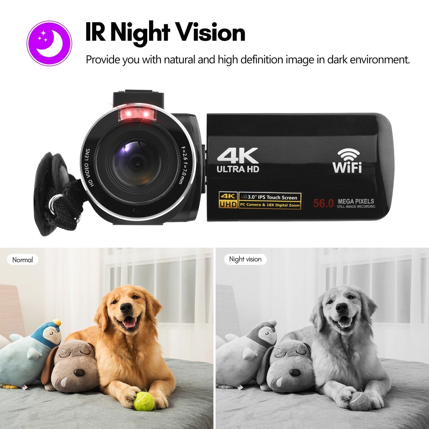 Portable 4K Digital Video Camera 3.0 Inch IPS Touch Screen WiFi Camcorder Anti-Shake DV Recorder 56MP 18X Digital Zoom Supports Face Detection IR Night Vision with 2 Batteries + Remote Control + Carrying Bag + External Microphone