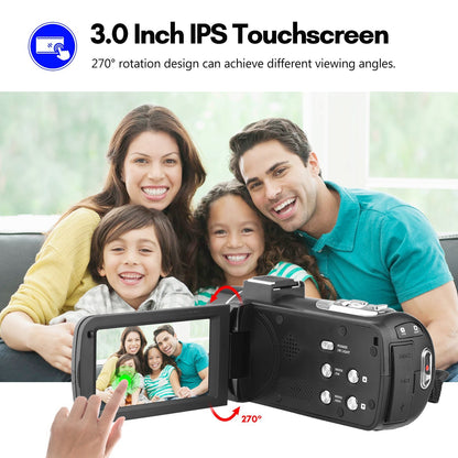 Portable 4K Digital Video Camera 3.0 Inch IPS Touch Screen WiFi Camcorder Anti-Shake DV Recorder 56MP 18X Digital Zoom Supports Face Detection IR Night Vision with 2 Batteries + Remote Control + Carrying Bag + External Microphone