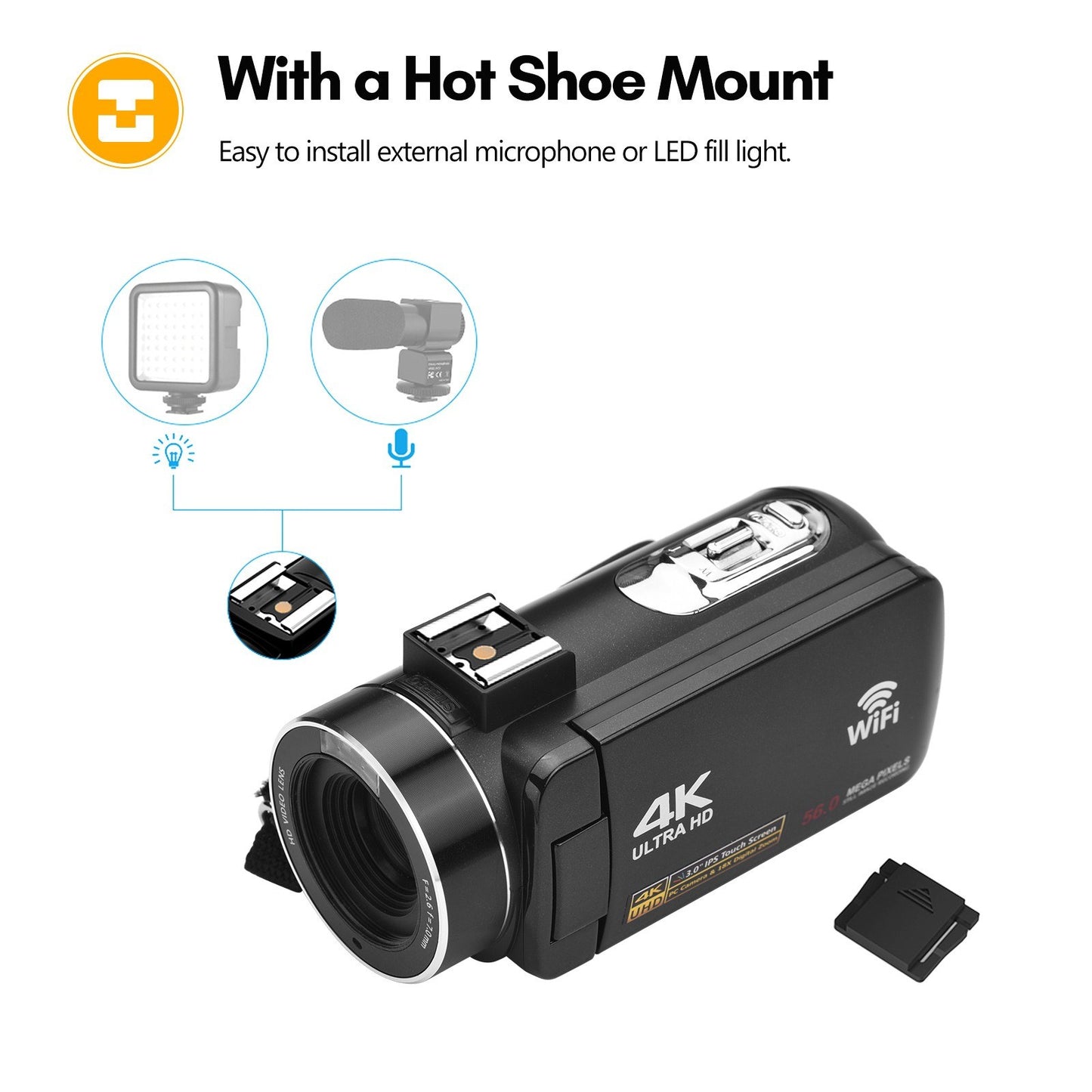 Portable 4K Digital Video Camera 3 inch IPS Touch Screen WiFi Camcorder DV Recorder 56MP 18X Digital Zoom Support Face Detection IR Night Vision Anti-Shake with 2 Batteries Remote Control Carry Bag