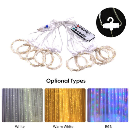 Hanging Window Curtain Lights 300 LEDs Dimmable String Lights with Remote Control Controller for Bedroom Weddings Wall Christmas Decor