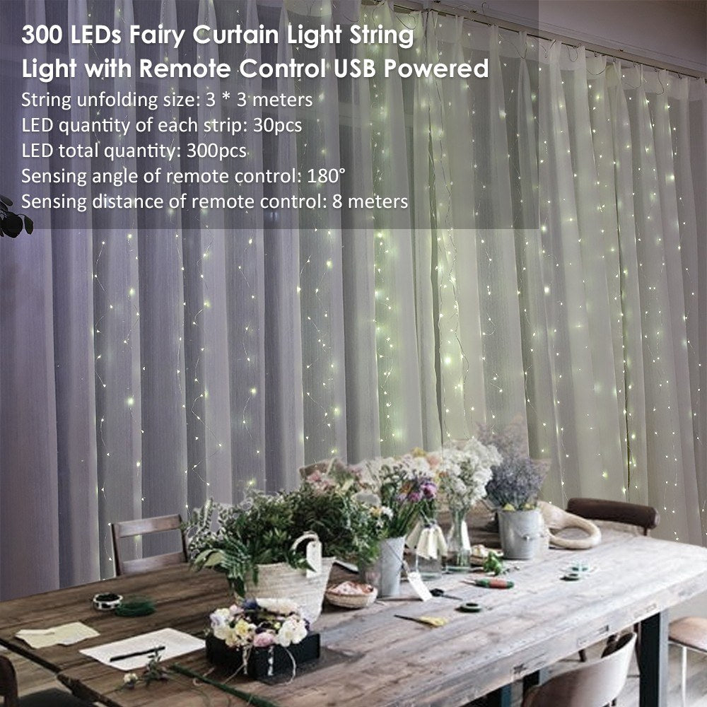 Hanging Window Curtain Lights 300 LEDs Dimmable String Lights with Remote Control Controller for Bedroom Weddings Wall Christmas Decor