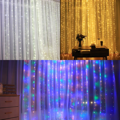 Hanging Window Curtain Lights 300 LEDs Dimmable String Lights with Remote Control Controller for Bedroom Weddings Wall Christmas Decor