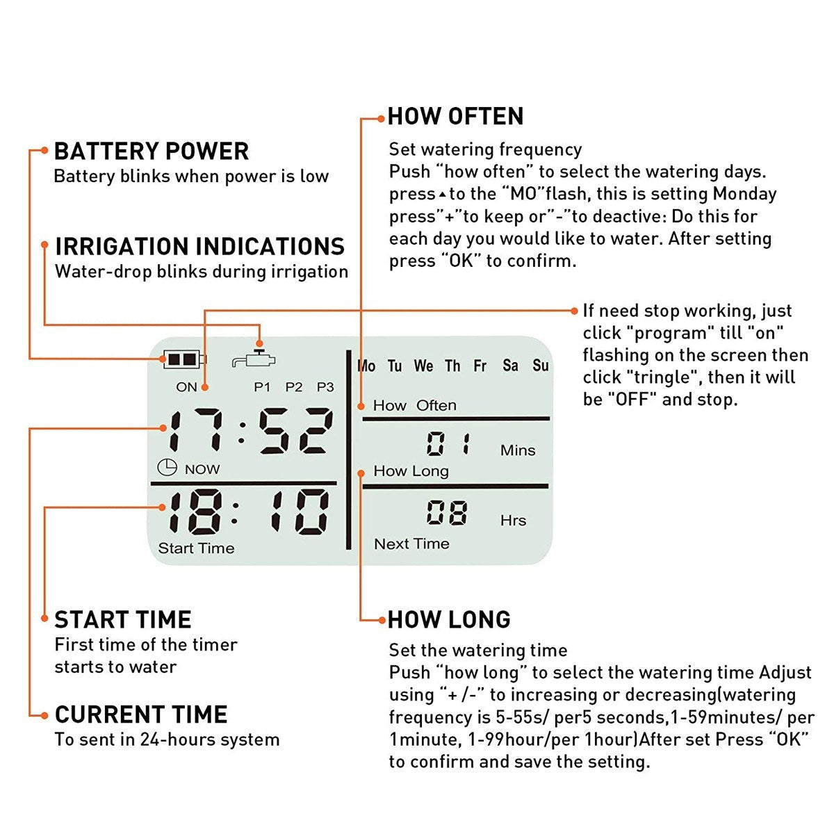 IP65 Waterproof 3 Separate Programs Digital Water Timer 3in Large Screen Hose Timer Sprinkler Timer Single Valve Faucet for Garden Lawn