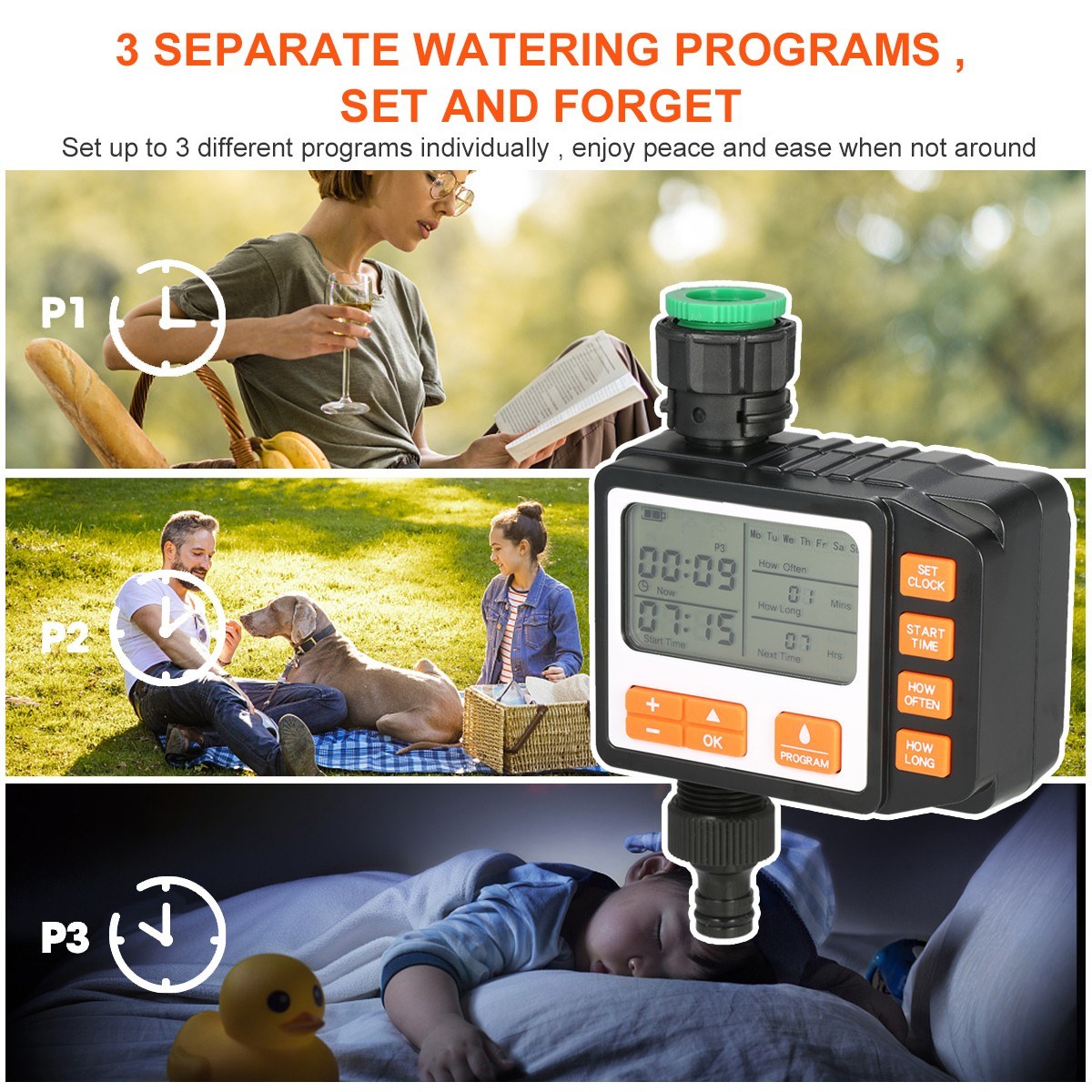 IP65 Waterproof 3 Separate Programs Digital Water Timer 3in Large Screen Hose Timer Sprinkler Timer Single Valve Faucet for Garden Lawn