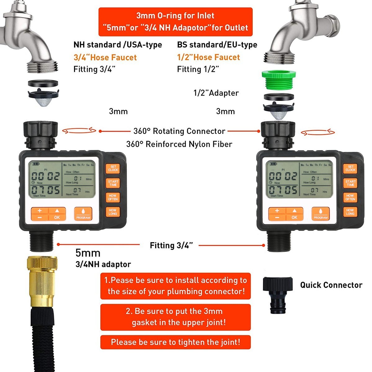 IP65 Waterproof 3 Separate Programs Digital Water Timer 3in Large Screen Hose Timer Sprinkler Timer Single Valve Faucet for Garden Lawn