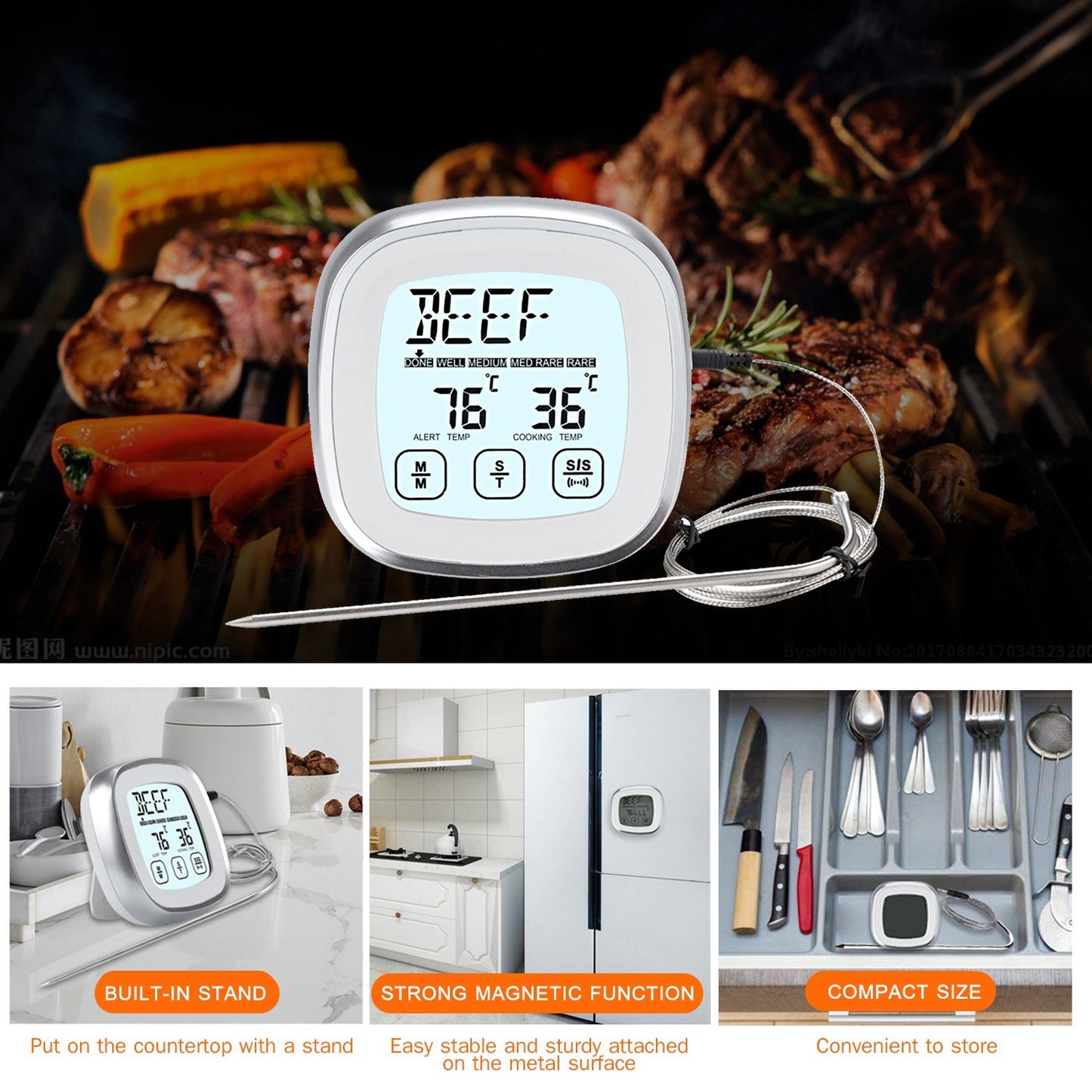 Timer Alarm Function Digital Meat Thermometer with Waterproof Long Probe for Oven BBQ Grill Kitchen Food Smoker Cooking