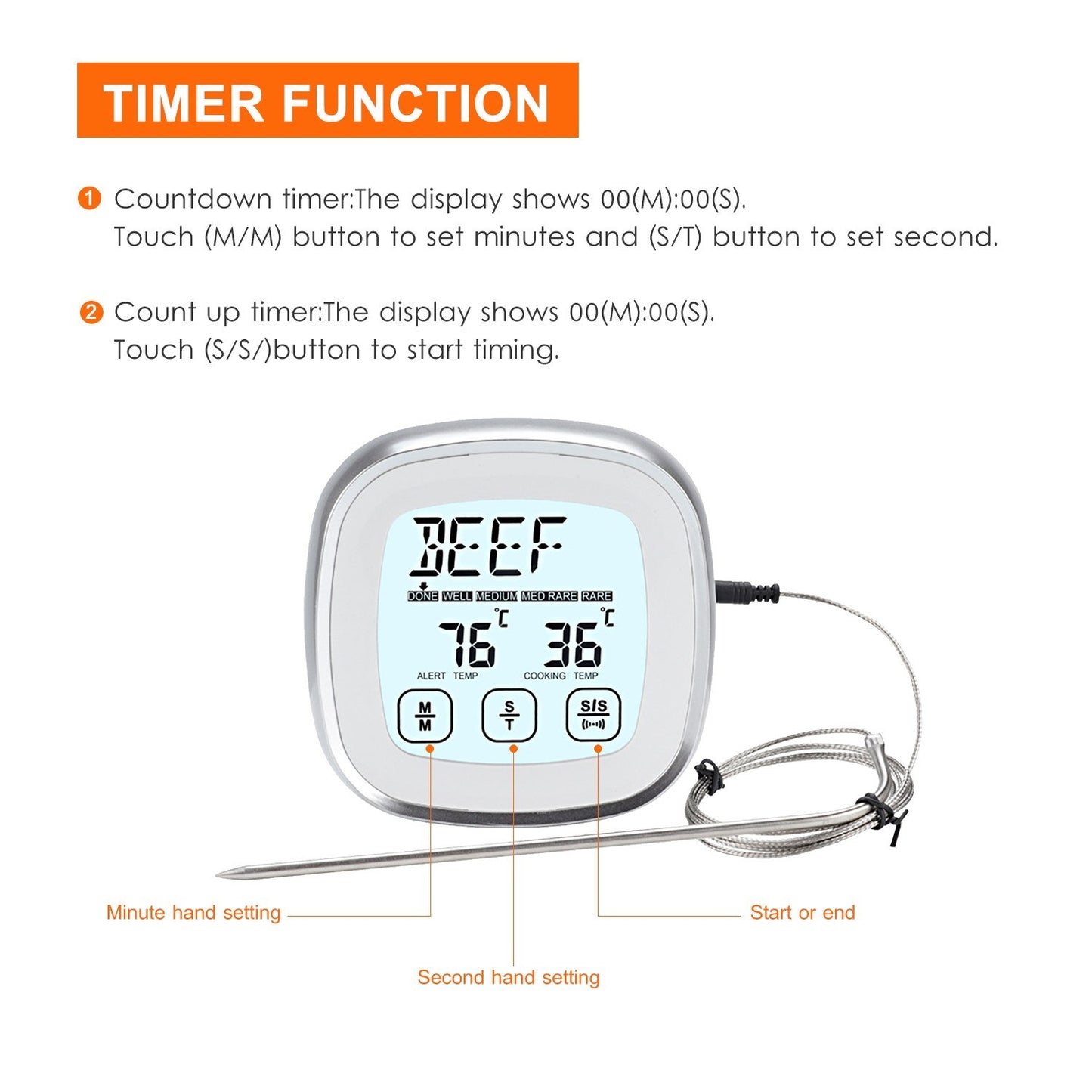 Timer Alarm Function Digital Meat Thermometer with Waterproof Long Probe for Oven BBQ Grill Kitchen Food Smoker Cooking