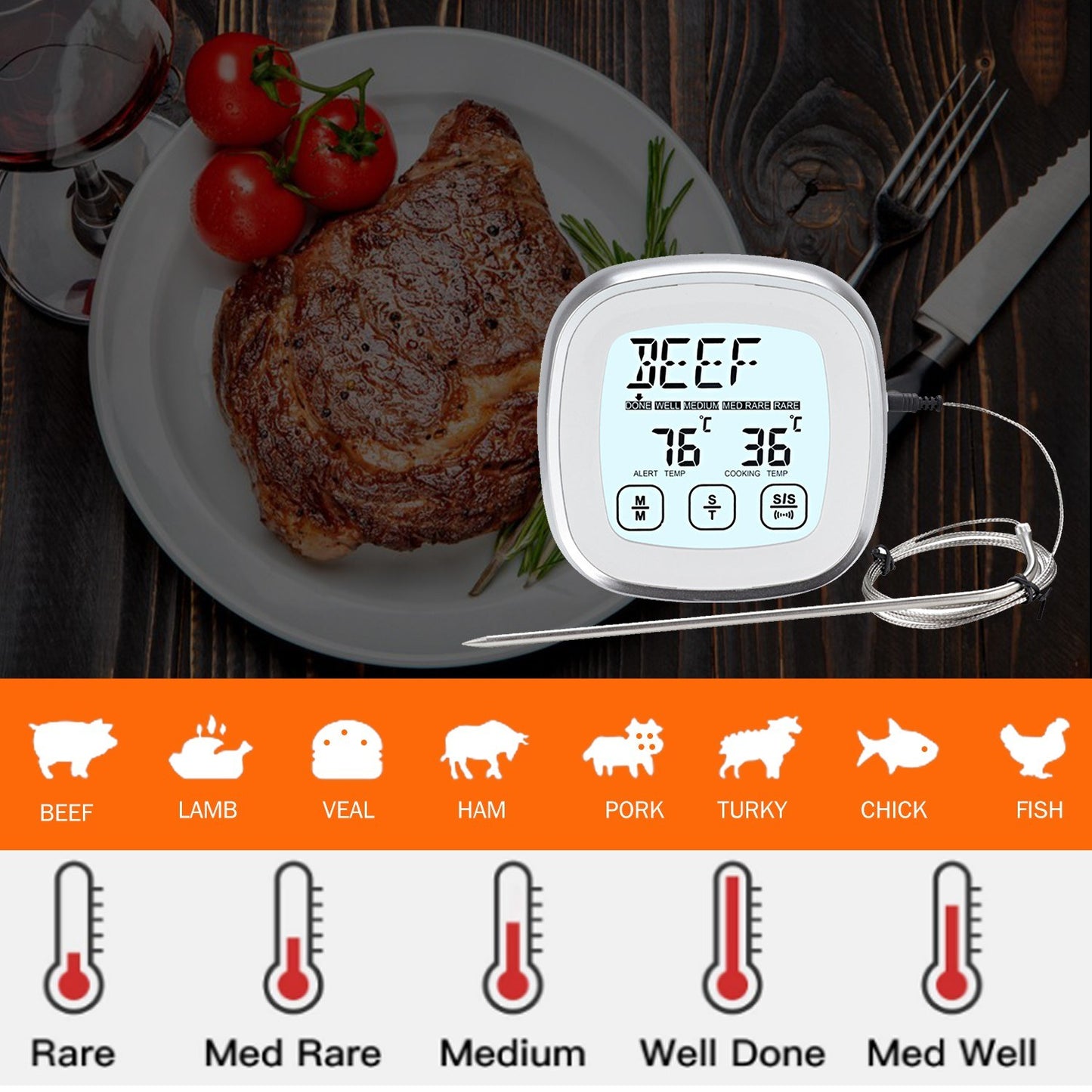 Timer Alarm Function Digital Meat Thermometer with Waterproof Long Probe for Oven BBQ Grill Kitchen Food Smoker Cooking